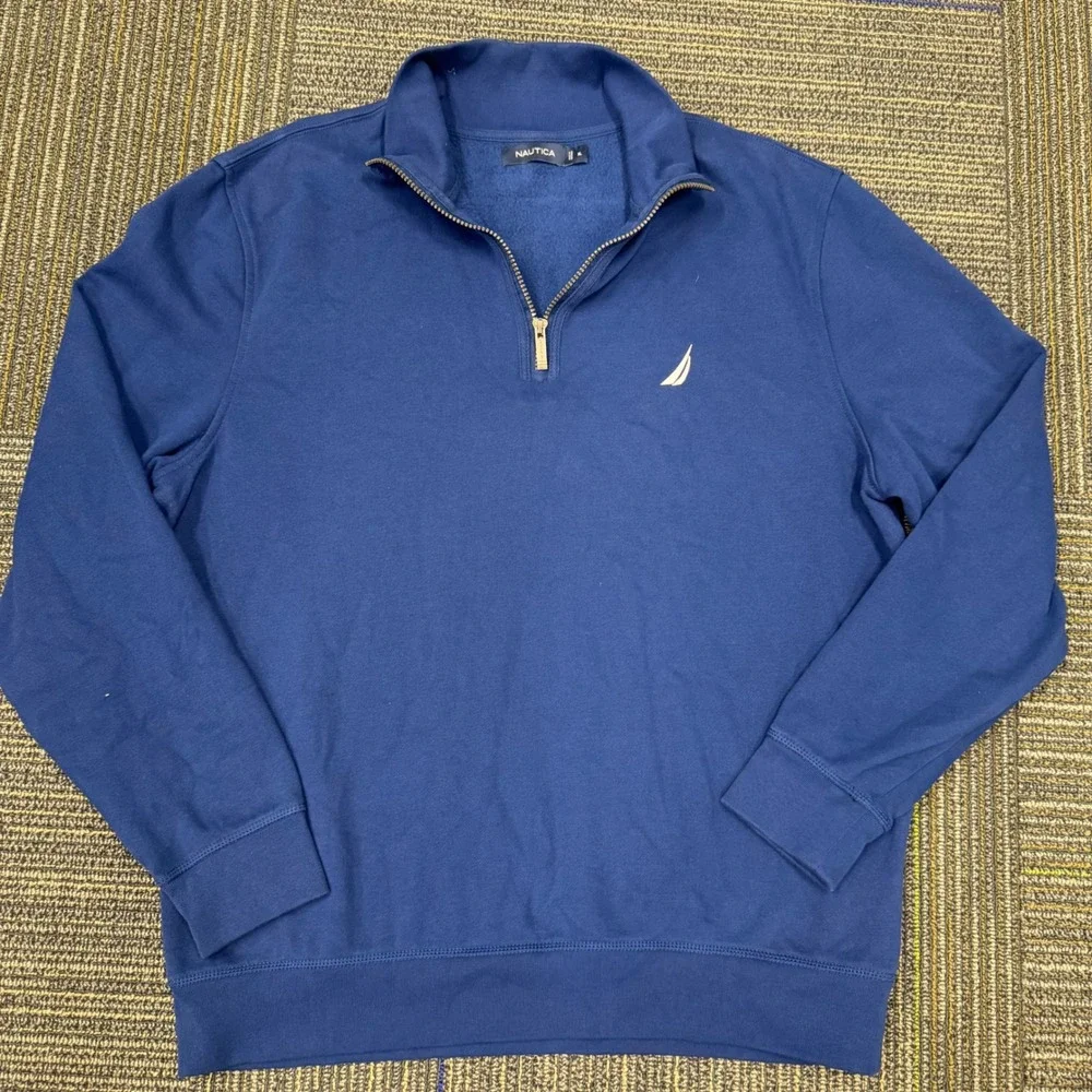 Nautica Quarter Zip Pullover Mens XL Navy Blue Excellent‎ Fleece Mock Neck Logo